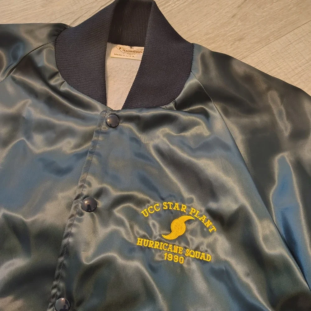 Vintage 1990 Auburn Sportswear Satin Bomber Jacket Navy Blue UCC Star Plant M
